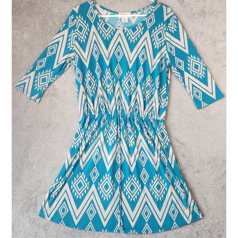 The ZigZag Stripe Dress Womens XL Turquoise Geometric Chevron 3/4 Sleeve Retro